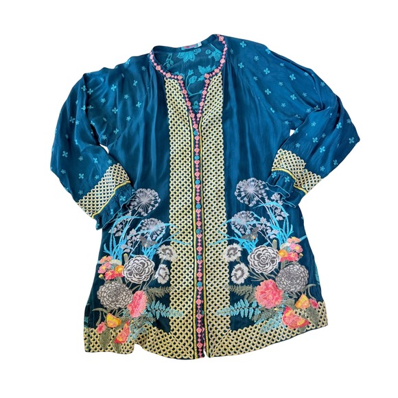 Johnny Was Tunic Women Large Teal Floral Embroidered Cupra Rayon Boho Split Neck - Picture 9 of 13